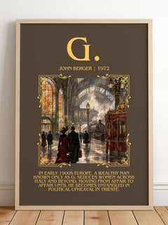 G. Minimalist Book Poster by John Berger – framed print leaning on a wooden floor