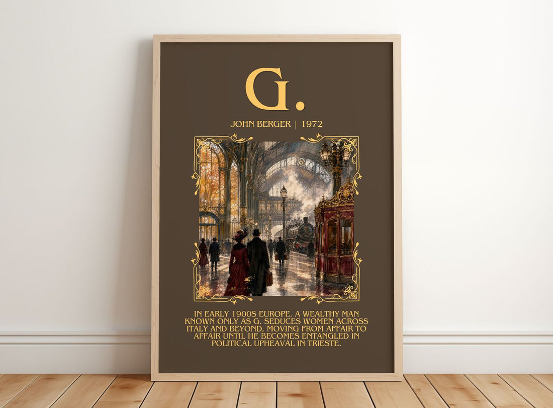 G. Minimalist Book Poster by John Berger – framed print leaning on a wooden floor