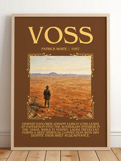 Voss Minimalist Book Poster by Patrick White – framed print leaning on a wooden floor