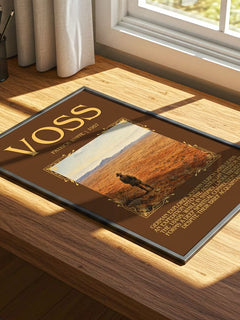 Voss Minimalist Book Poster by Patrick White – print on a sunlit desk