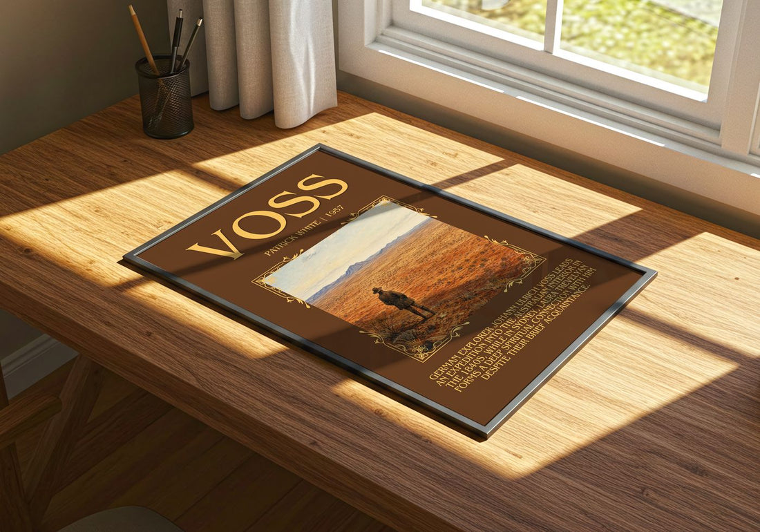 Voss Minimalist Book Poster by Patrick White – print on a sunlit desk