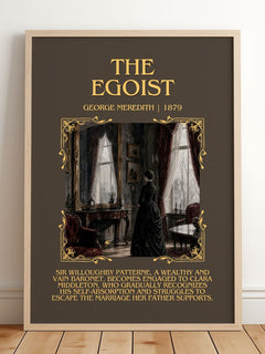 The Egoist Minimalist Book Poster by George Meredith – framed print leaning on a wooden floor