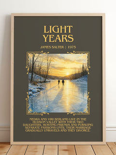 Light Years Minimalist Book Poster by James Salter – framed print leaning on a wooden floor