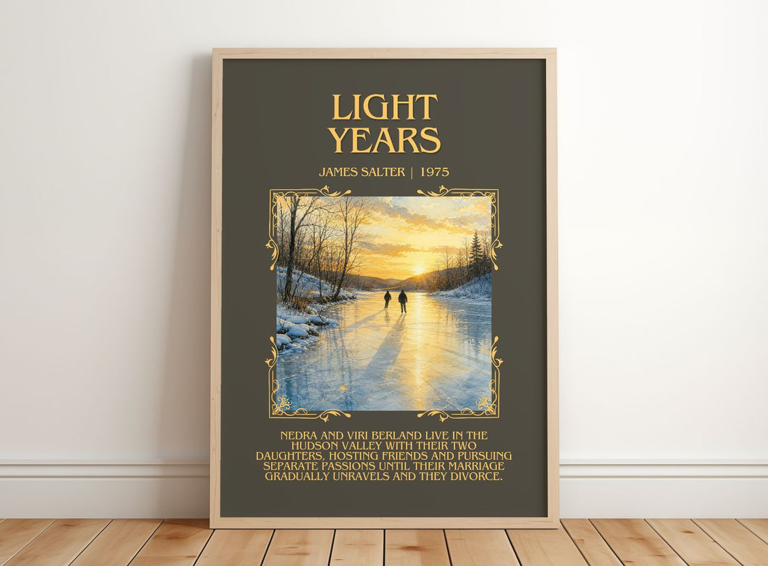 Light Years Minimalist Book Poster by James Salter – framed print leaning on a wooden floor