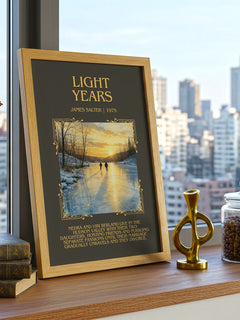 Light Years Minimalist Book Poster by James Salter – framed print on a city-view windowsill