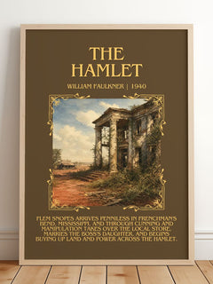 The Hamlet Minimalist Book Poster by William Faulkner – framed print leaning on a wooden floor