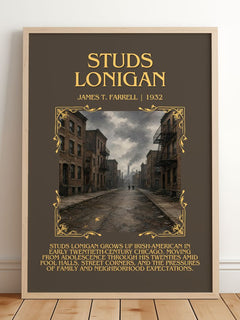 Studs Lonigan Minimalist Book Poster by James T. Farrell – framed print leaning on a wooden floor