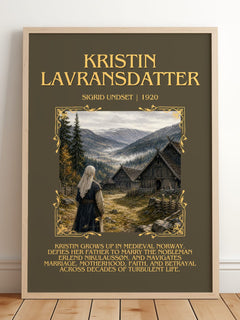 Kristin Lavransdatter Minimalist Book Poster by Sigrid Undset – framed print leaning on a wooden floor