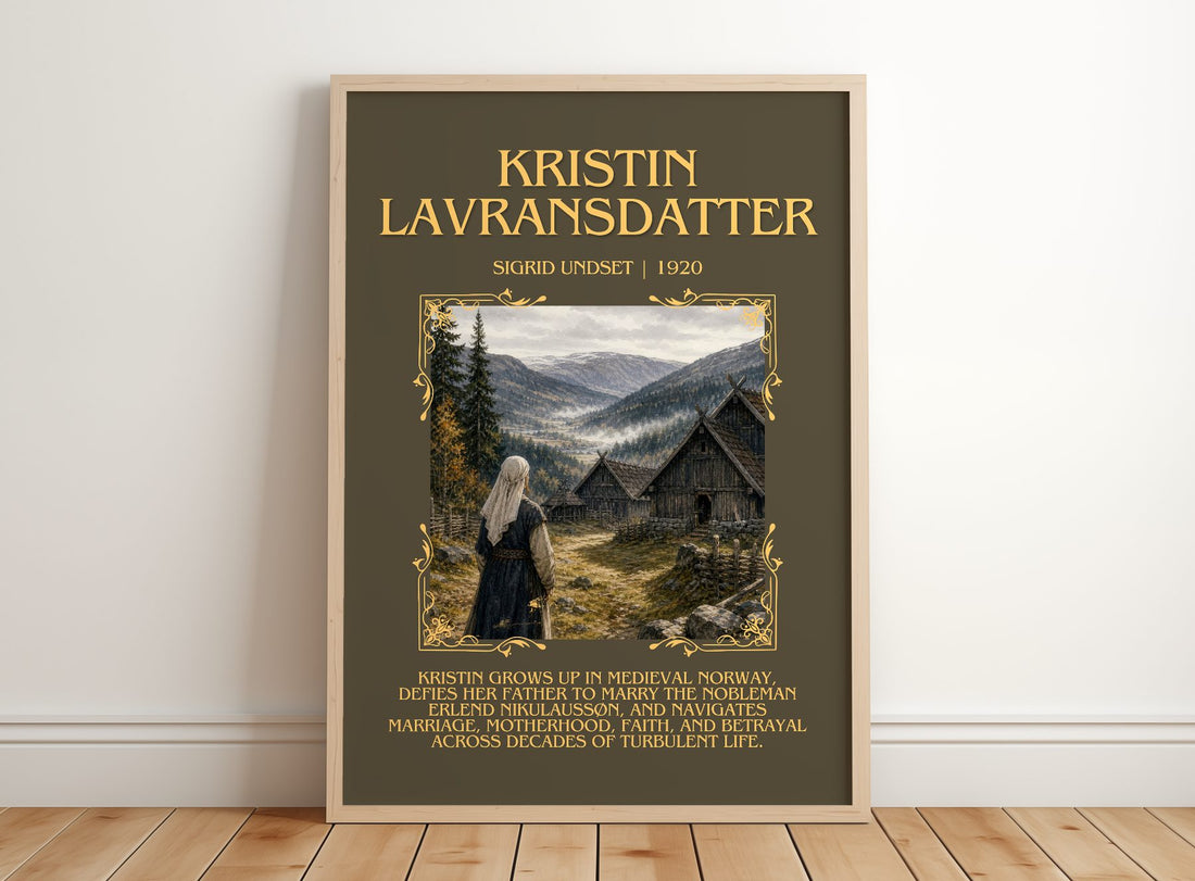 Kristin Lavransdatter Minimalist Book Poster by Sigrid Undset – framed print leaning on a wooden floor