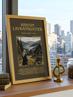 Kristin Lavransdatter Minimalist Book Poster by Sigrid Undset – framed print on a city-view windowsill