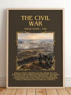 The Civil War Minimalist Book Poster by Shelby Foote – framed print leaning on a wooden floor