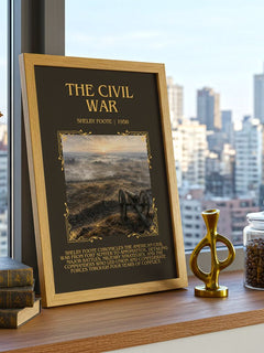 The Civil War Minimalist Book Poster by Shelby Foote – framed print on a city-view windowsill