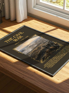 The Civil War Minimalist Book Poster by Shelby Foote – print on a sunlit desk