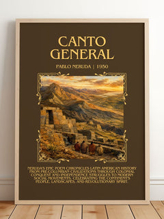 Canto General Minimalist Book Poster by Pablo Neruda – framed print leaning on a wooden floor