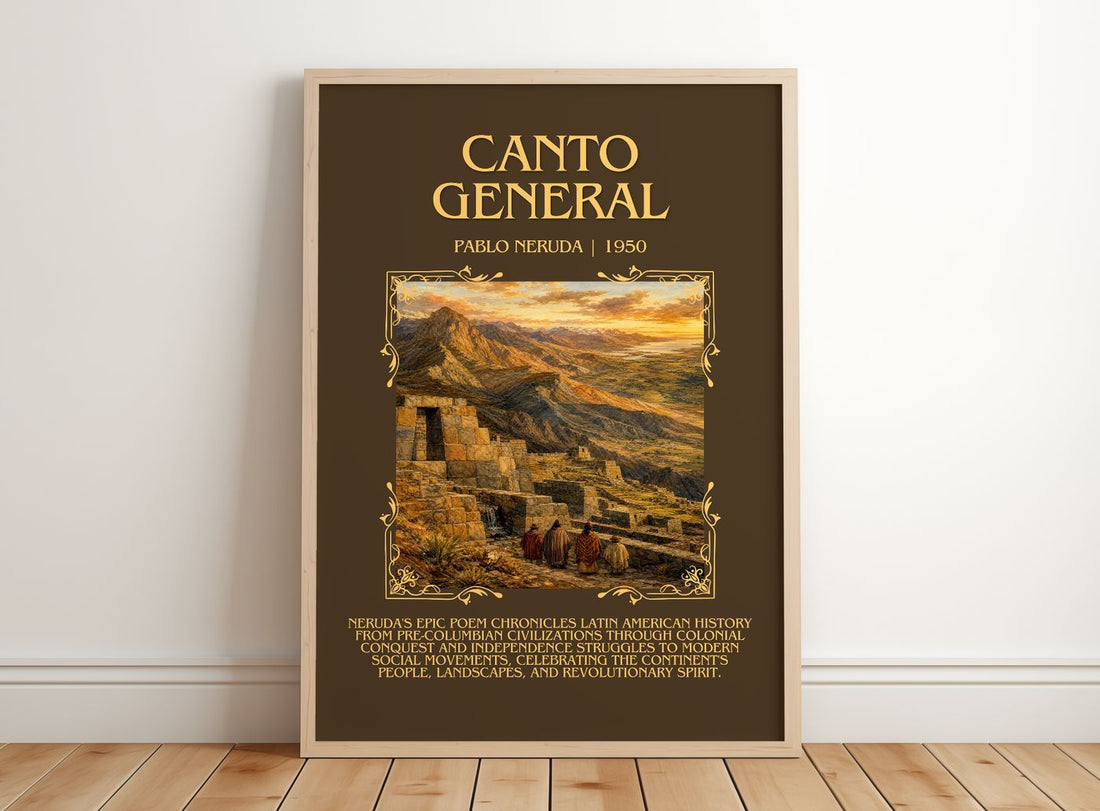 Canto General Minimalist Book Poster by Pablo Neruda – framed print leaning on a wooden floor