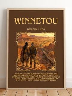 Winnetou Minimalist Book Poster by Karl May – framed print leaning on a wooden floor