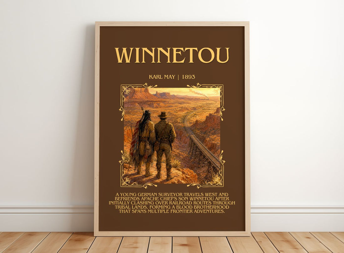 Winnetou Minimalist Book Poster by Karl May – framed print leaning on a wooden floor