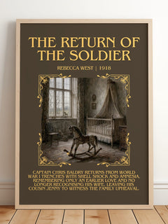 The Return of the Soldier Minimalist Book Poster by Rebecca West – framed print leaning on a wooden floor