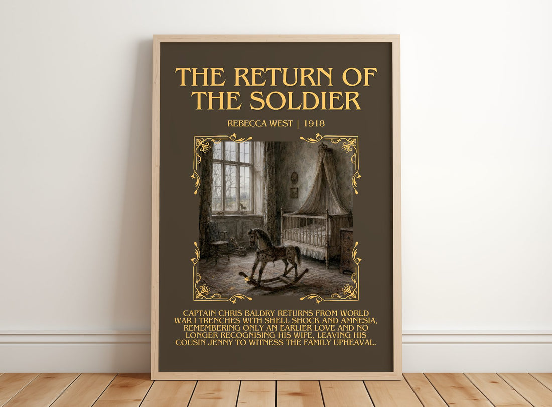 The Return of the Soldier Minimalist Book Poster by Rebecca West – framed print leaning on a wooden floor