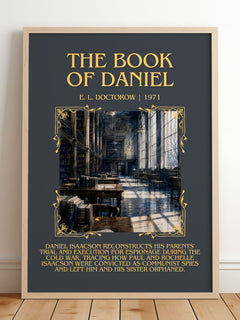 The Book of Daniel Minimalist Book Poster by E. L. Doctorow – framed print leaning on a wooden floor