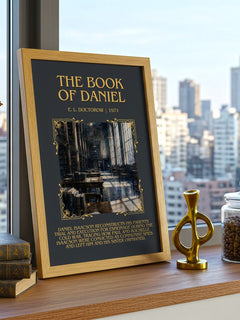 The Book of Daniel Minimalist Book Poster by E. L. Doctorow – framed print on a city-view windowsill