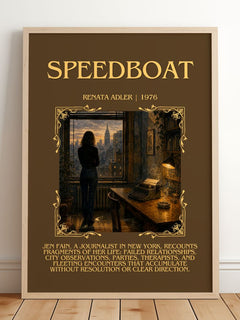 Speedboat Minimalist Book Poster by Renata Adler – framed print leaning on a wooden floor