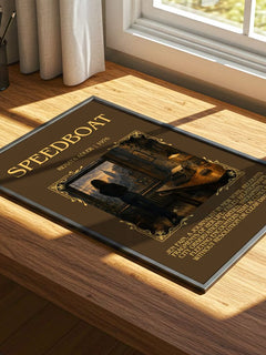 Speedboat Minimalist Book Poster by Renata Adler – print on a sunlit desk