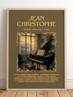 Jean Christophe Minimalist Book Poster by Romain Rolland – framed print leaning on a wooden floor