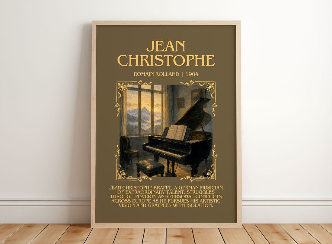 Jean Christophe Minimalist Book Poster by Romain Rolland – framed print leaning on a wooden floor