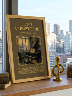 Jean Christophe Minimalist Book Poster by Romain Rolland – framed print on a city-view windowsill