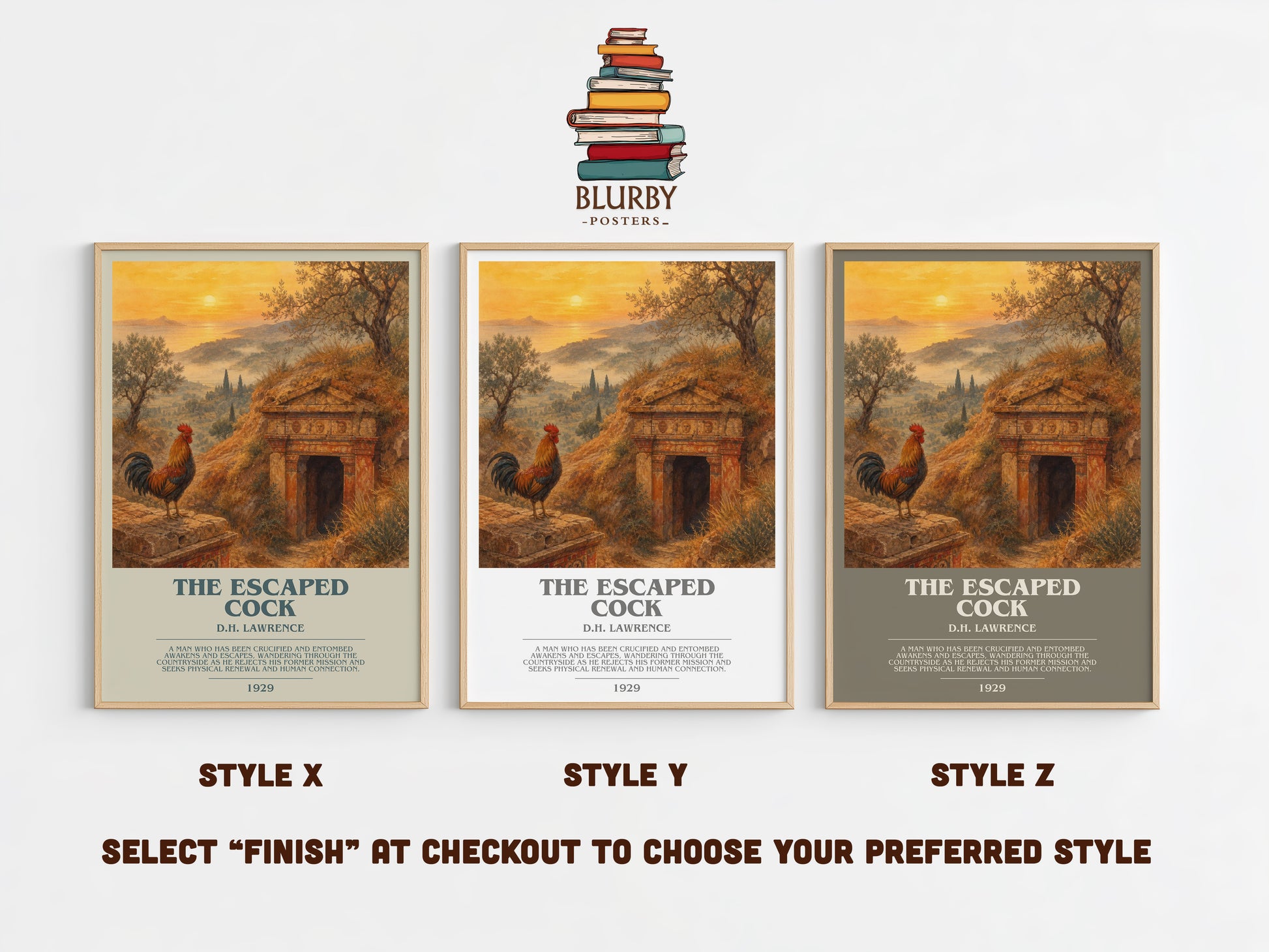 The Escaped Cock bookish print in frame leaning in hallway – literary fiction wall art