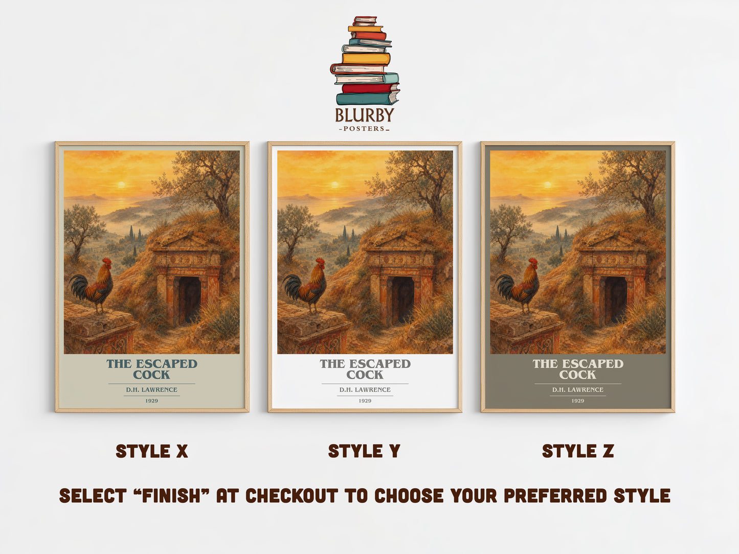 The Escaped Cock book cover print in frame leaning in hallway – literary fiction wall art