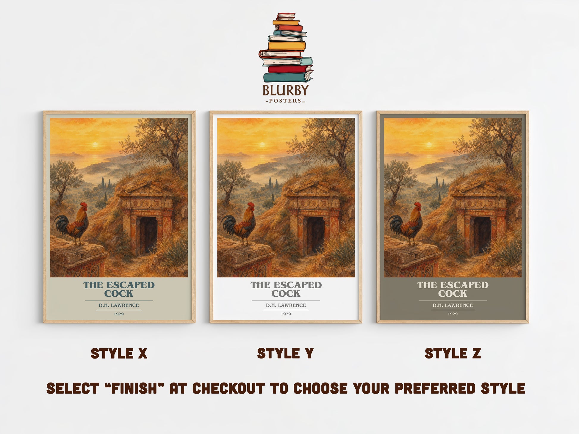 The Escaped Cock book cover print in frame leaning in hallway – literary fiction wall art