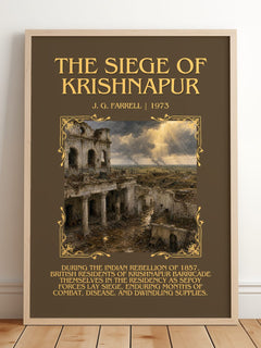 The Siege of Krishnapur Minimalist Book Poster by J. G. Farrell – framed print leaning on a wooden floor
