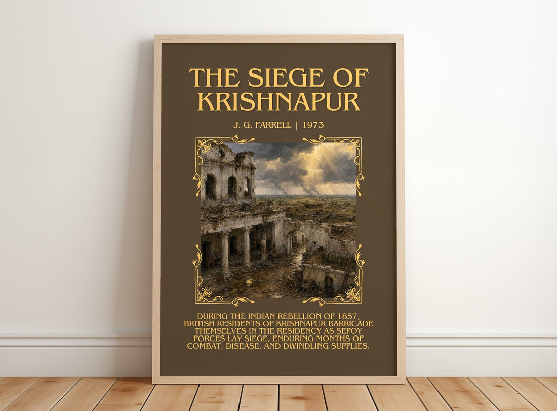 The Siege of Krishnapur Minimalist Book Poster by J. G. Farrell – framed print leaning on a wooden floor