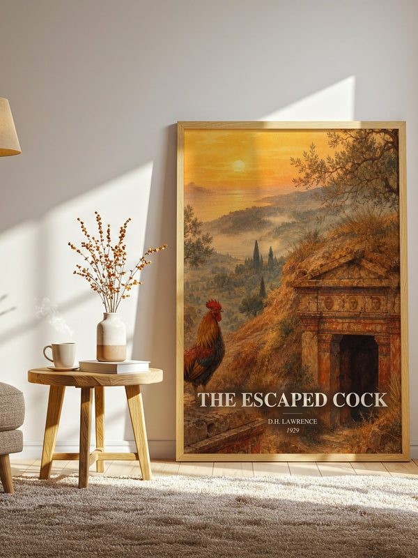 The Escaped Cock watercolour print in frame leaning in hallway – literary fiction wall art