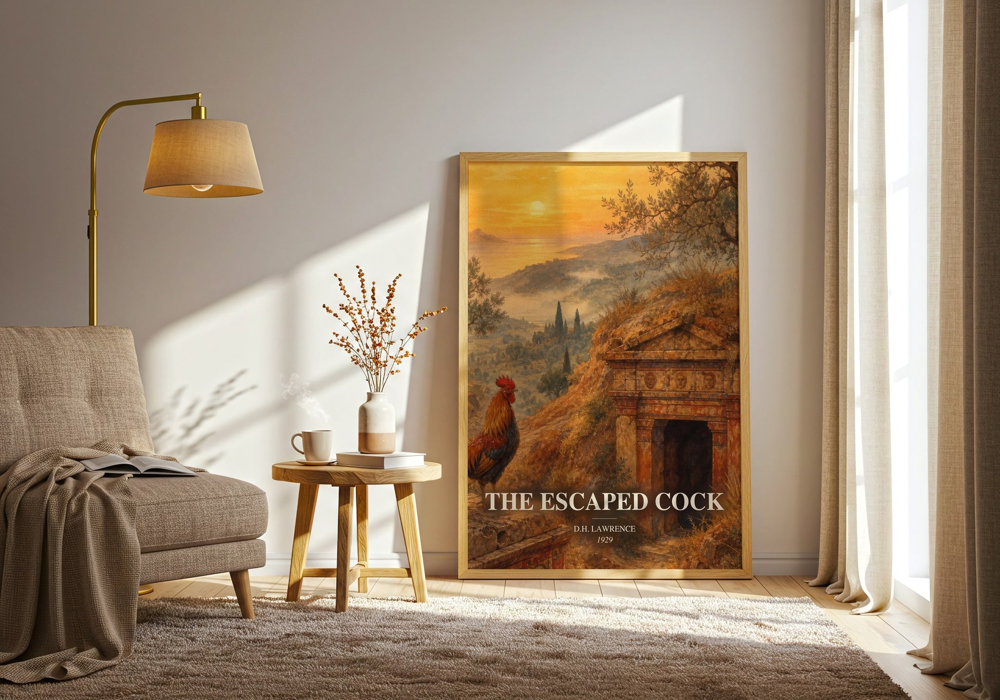 The Escaped Cock watercolour print in frame leaning in hallway – literary fiction wall art
