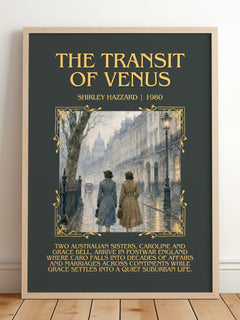 The Transit of Venus Minimalist Book Poster by Shirley Hazzard – framed print leaning on a wooden floor