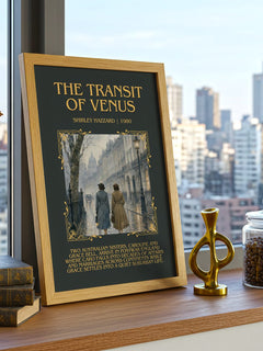 The Transit of Venus Minimalist Book Poster by Shirley Hazzard – framed print on a city-view windowsill