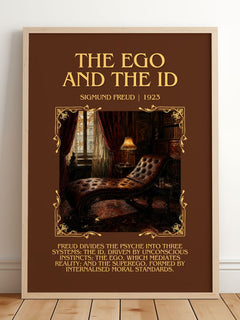 The Ego and the Id Minimalist Book Poster by Sigmund Freud – framed print leaning on a wooden floor