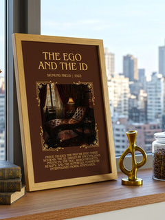The Ego and the Id Minimalist Book Poster by Sigmund Freud – framed print on a city-view windowsill