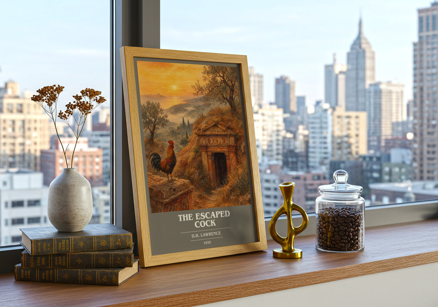 The Escaped Cock book cover print framed by window – literary home decor