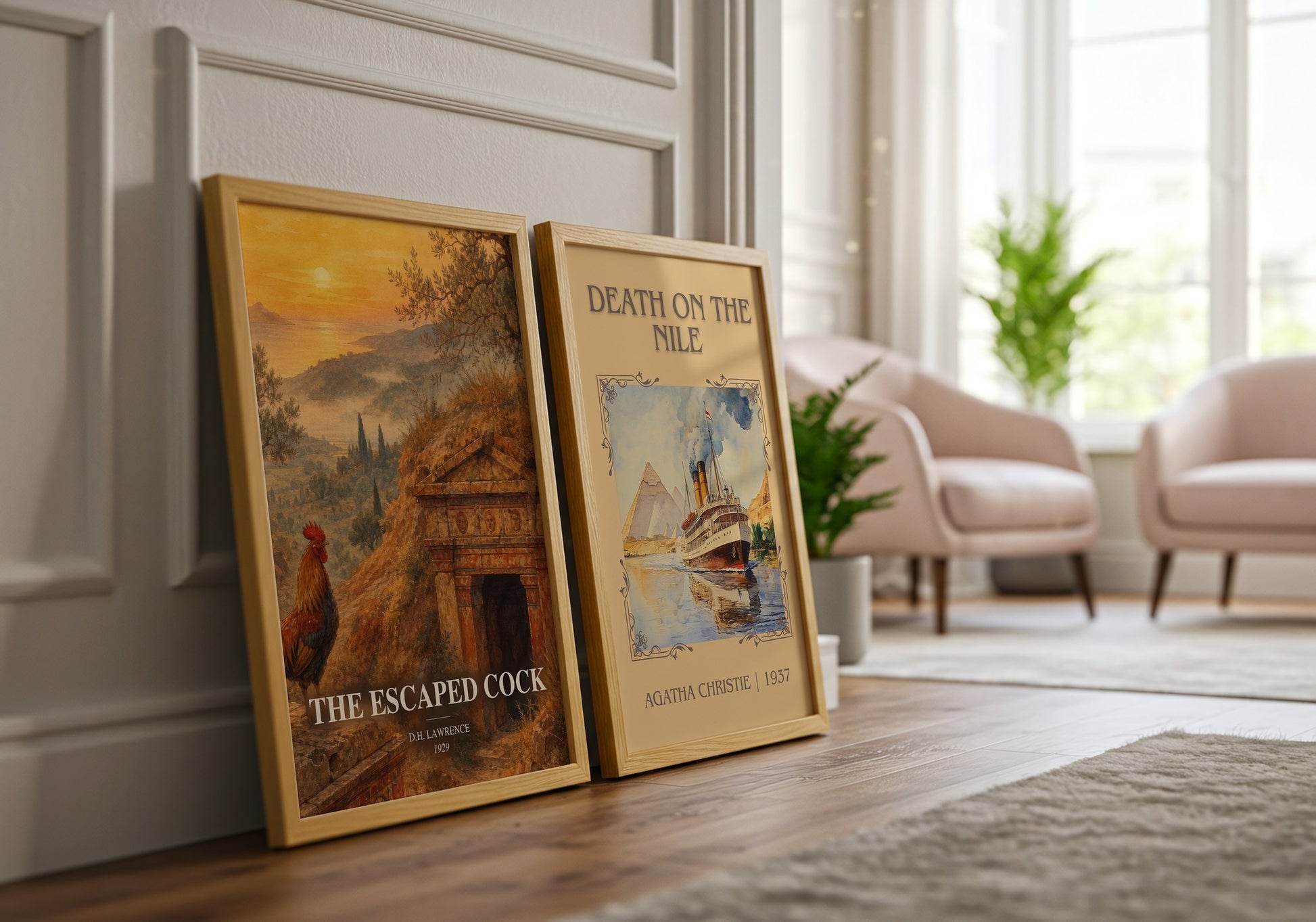 The Escaped Cock watercolour print framed by window – literary home decor