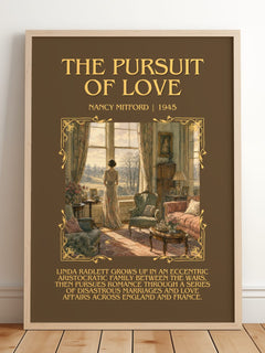 The Pursuit Of Love Minimalist Book Poster by Nancy Mitford – framed print leaning on a wooden floor
