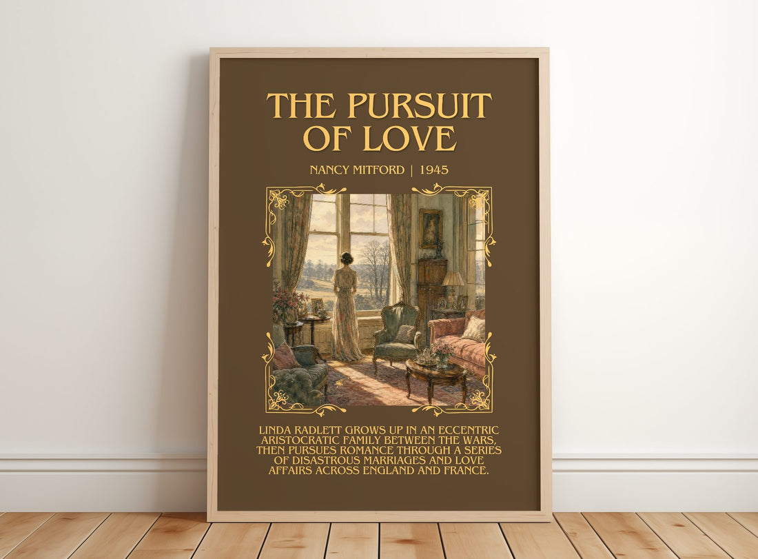The Pursuit Of Love Minimalist Book Poster by Nancy Mitford – framed print leaning on a wooden floor
