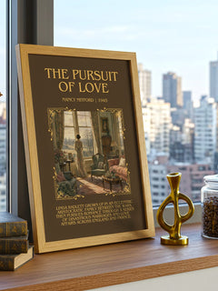 The Pursuit Of Love Minimalist Book Poster by Nancy Mitford – framed print on a city-view windowsill