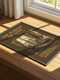 The Pursuit Of Love Minimalist Book Poster by Nancy Mitford – print on a sunlit desk