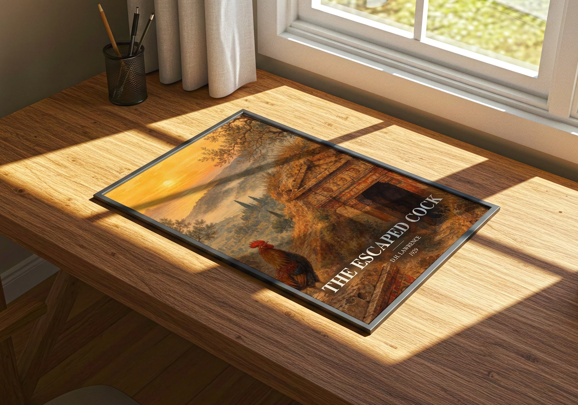 The Escaped Cock watercolour book poster framed on wall – literary fiction wall art