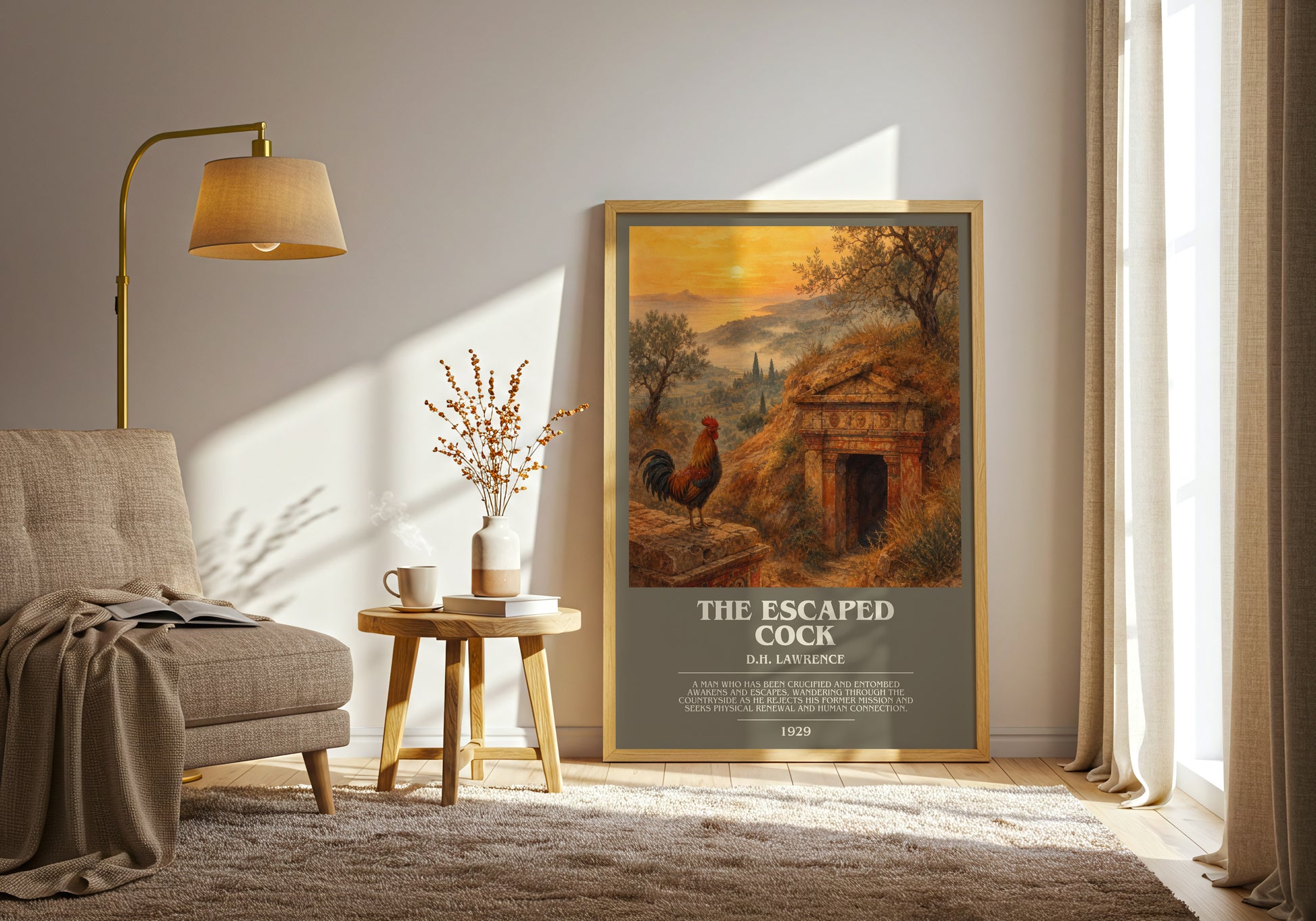 The Escaped Cock bookish print on bookshelf – D.H. Lawrence fan gift