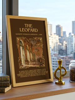 The Leopard Minimalist Book Poster by Giuseppe Tomasi di Lampedusa – framed print on a city-view windowsill